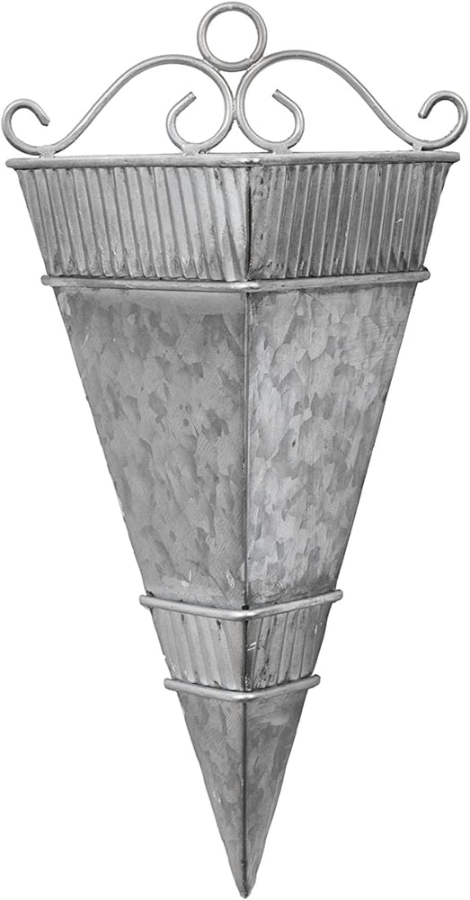 Galvanized Metal Triangular Sconce Wall Vase w/ Corrugated Bands & Scrollwork Design-MyGift