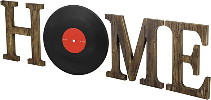 Dark Burnt Wood Wall Mounted Home Letter Sign with Vinyl Record Design-MyGift