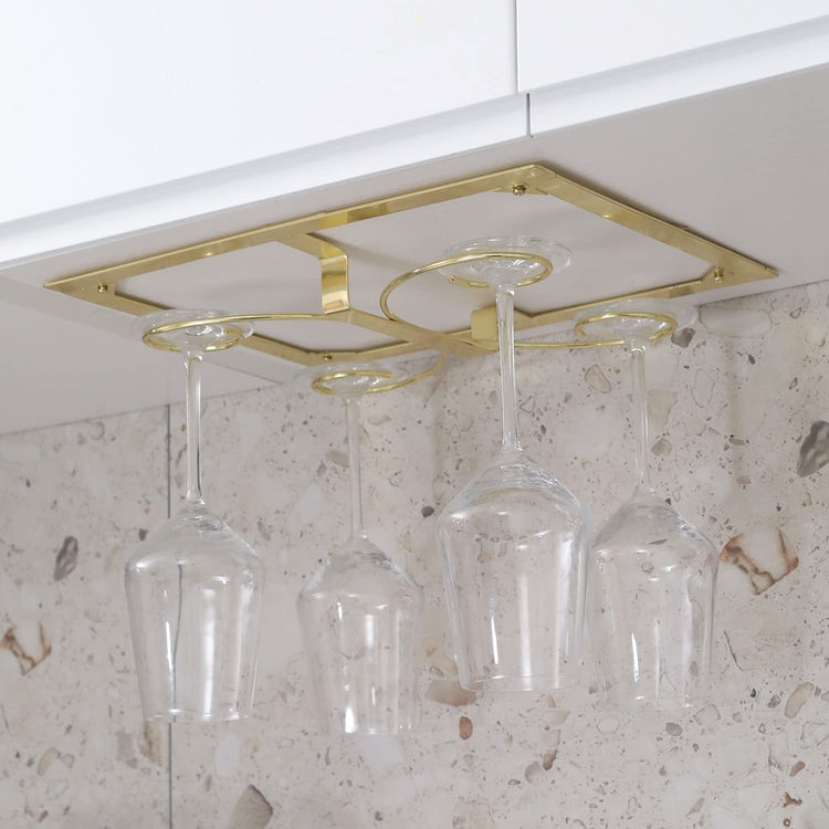 Brass Metal Under Kitchen Cabinet Wine Glasses Rack, Hanging Stemware Holder-MyGift