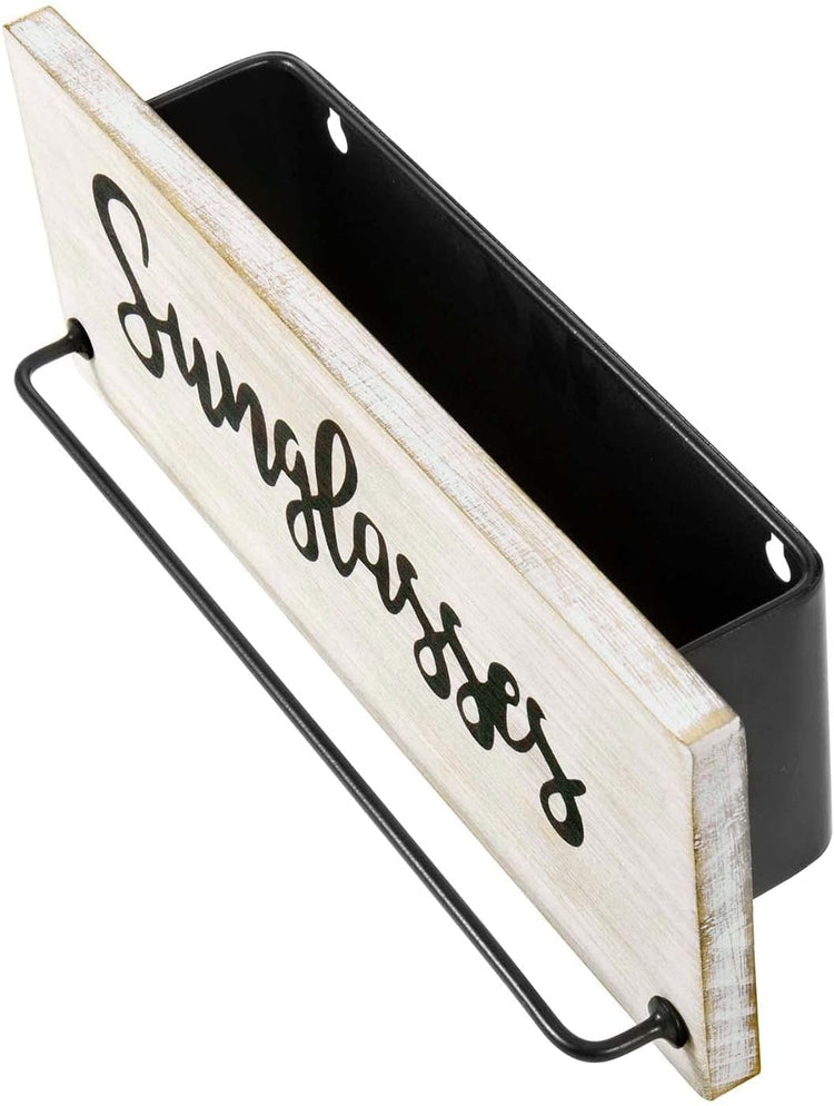 Whitewashed Wood Wall Mounted Sunglasses Rack and Mail Sorter Bin with Metal Hanging Bar and Cursive Sunglasses Label-MyGift