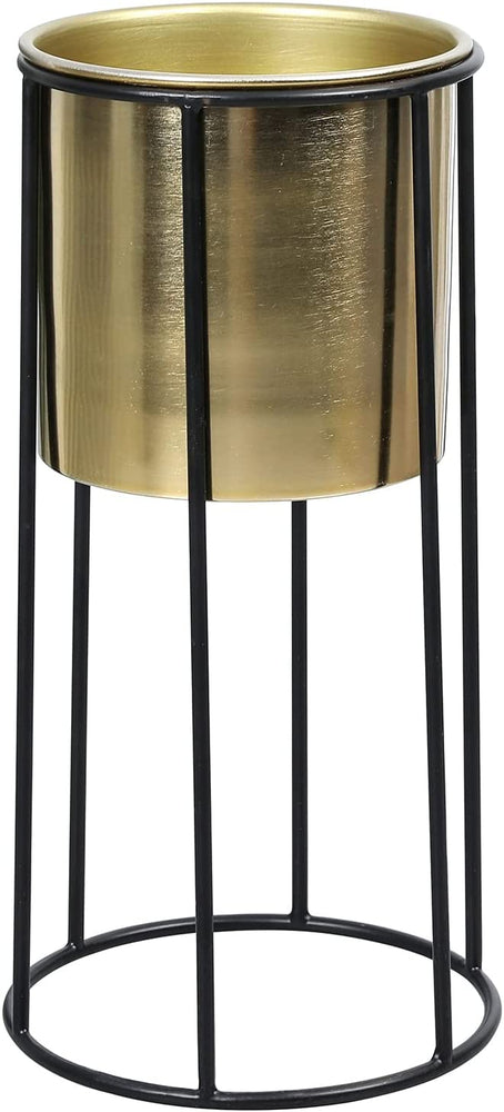 6 inch Modern Brass Tone Metal Flower Planter Pot with Industrial Black Metal Wire Display Stand-MyGift
