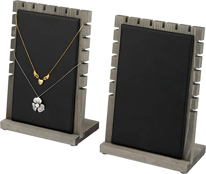 Gray Wood Necklace Display with Black Padded Mat on Removable Board, Tabletop Bracelet Easel Rack, Set of 2-MyGift