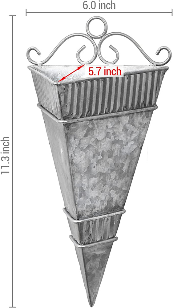 Galvanized Metal Triangular Sconce Wall Vase w/ Corrugated Bands & Scrollwork Design-MyGift
