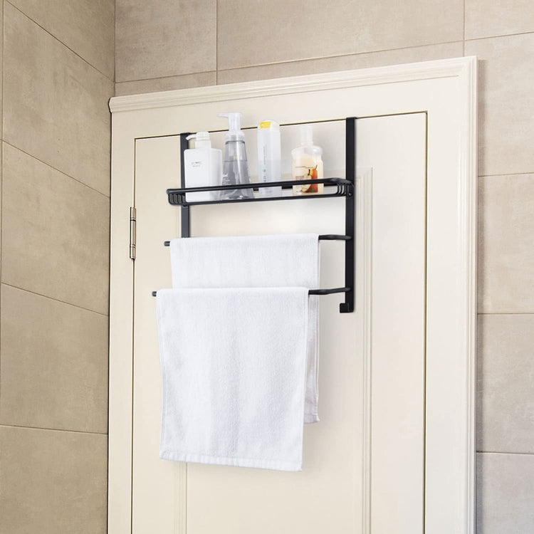 Matte Black Metal Over-the-Door Bathroom Towel Hanger with Toiletries Storage Basket and Hooks-MyGift