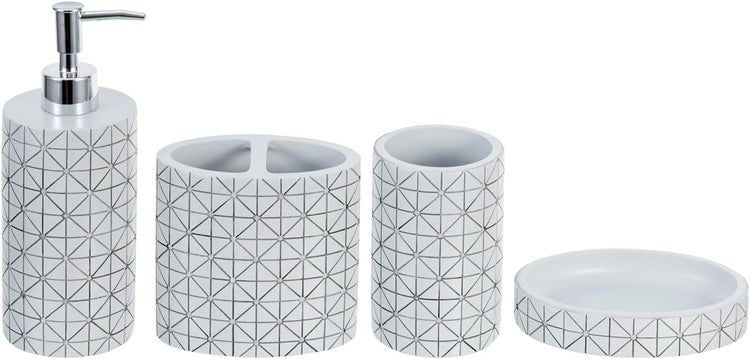 Gray Resin Vanity Set with Geometric Embossed Design, Liquid Soap Dispenser, Toothbrush Holder, Tumbler Cup, Soap Dish-MyGift