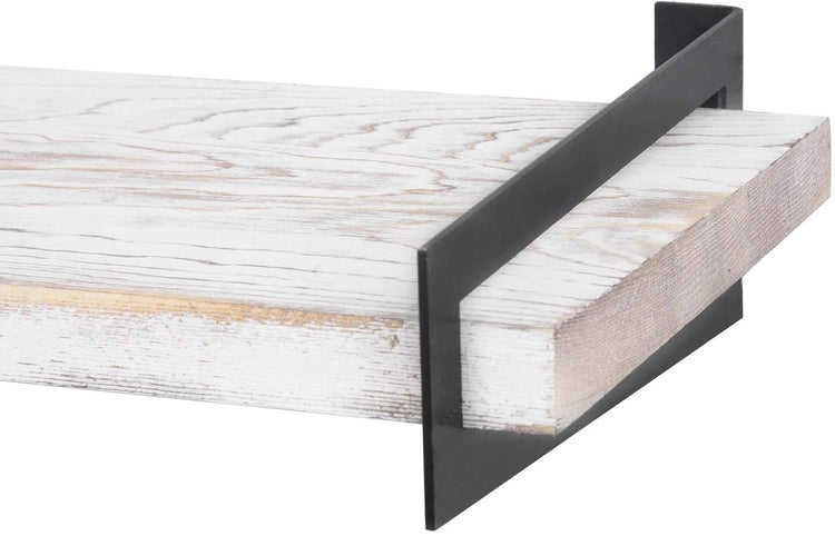 Set of 2, Whitewashed Wood 16-inch Wall Mounted Shelves with Black Metal Brackets-MyGift