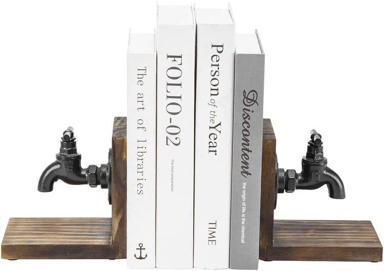 Industrial Style Decorative Bookends for Heavy Books with Cast Iron Faucet Spigot Design and Burnt Wood-MyGift