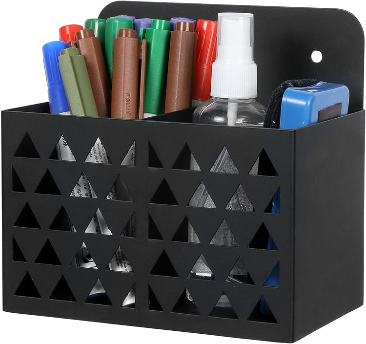 Wall Mounted Black Metal Whiteboard Marker Holder with Triangle Cutouts, Office Supply Storage Bin, Desktop Pencil Cup-MyGift