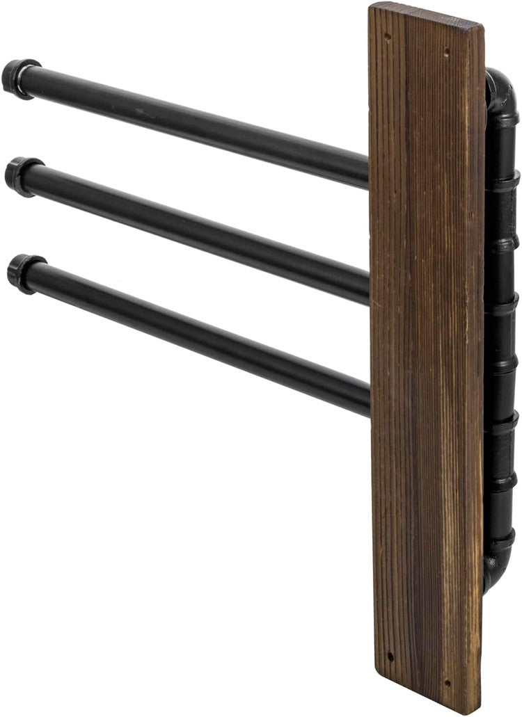3 Tier Wall Mounted Brown Wood and Black Metal Bathroom Towel Rack, Towel Holder-MyGift