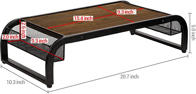 Burnt Brown Wood and Black Metal Computer Monitor Riser with Mesh Storage Baskets for Office Supplies-MyGift