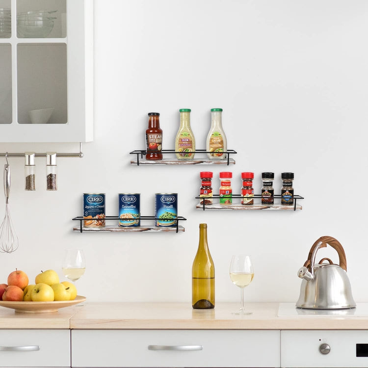 Set of 3, Whitewashed Wood and Industrial Matte Black Metal Wire Kitchen Wall Mounted Spice Racks-MyGift