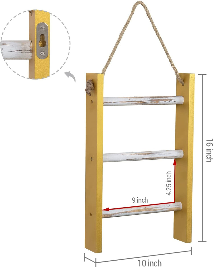 3 Tier Brass Tone and Whitewashed Wood Wall Hanging Hand Towel Storage Ladder with Rustic Rope-MyGift