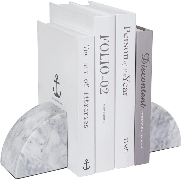Set of 2, White Marble Bookends, Decorative Heavy Stone Rounded Design Non-Slip Book Stopper Bookends-MyGift