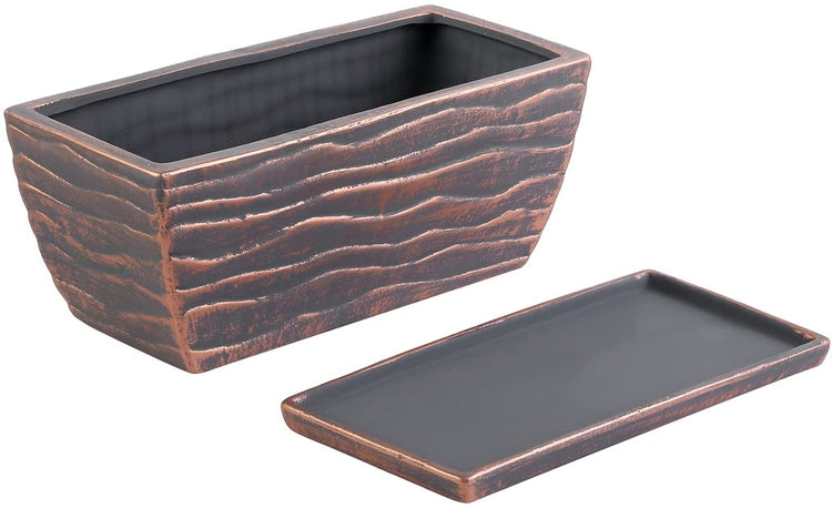 12 Inch Copper Ceramic Succulent Plant Pot, Drainage and Embossed Design, Window Box Planter with Removable Saucer Tray-MyGift