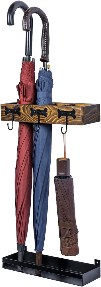 Wall Mounted Brown Wood Umbrella Holder with 3 Black Metal Hanger Hooks, 2 Piece Set-MyGift
