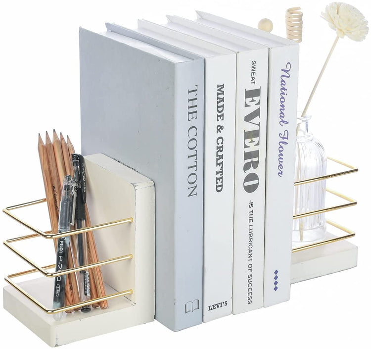 White Wood Decorative Bookends, L-Shaped Book Stands with Gold Tone Metal Wire Pen Holder Stationery Storage Baskets-MyGift