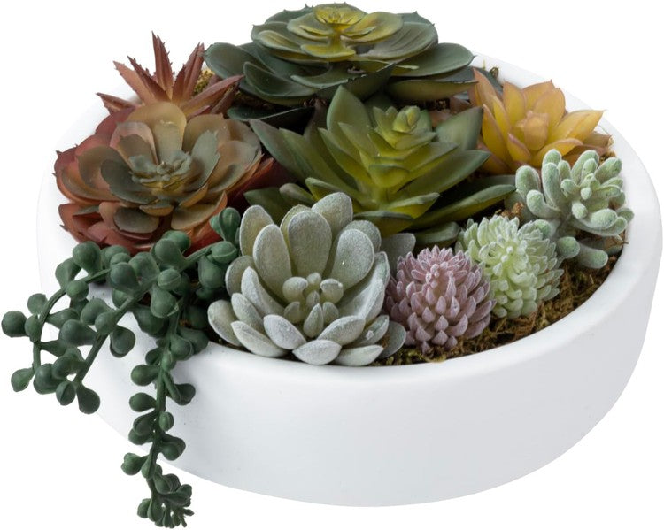 8 Inch Round Artificial Succulent Arrangement Potted, White Concrete Plant Container-MyGift