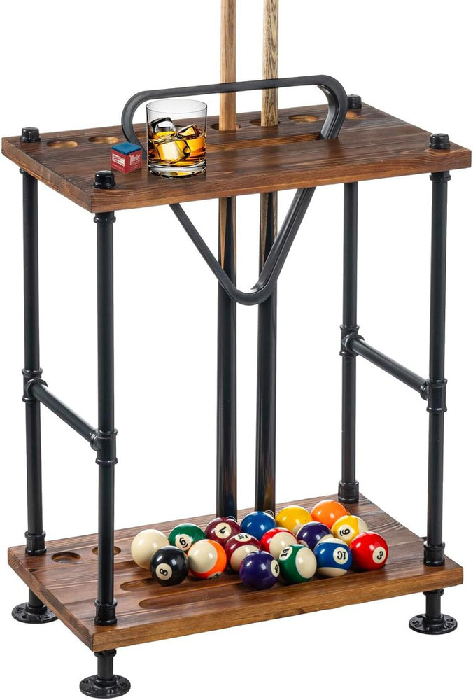 Brown Wood and Black Metal Pool Cue Stick Holder, Ball Holder, and Triangle Rack Hook Organizer Stand-MyGift