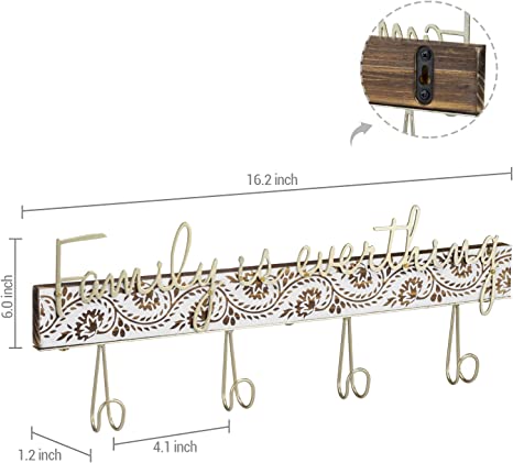 Entryway Hanger Key Rack, Brass Tone Metal and Wood Wall Mounted Key Holder with 4 Hooks-MyGift