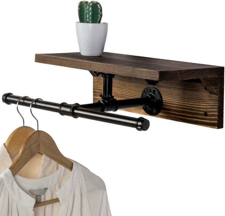 Wall Mounted Brown Wood Garment Rack, Black Metal Pipe Storage Clothing Hanger Rod and Display Shelf-MyGift
