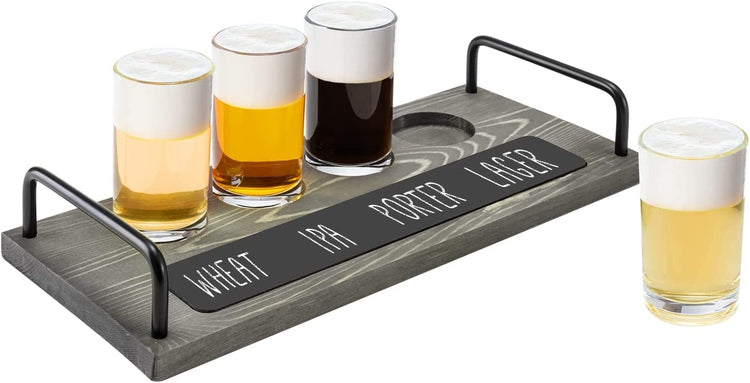 Gray Wood Beer Flight Set with Black Wire Metal Handles, 4 Beer Tasting Glasses, Plank Serving Tray and Chalkboard Label-MyGift