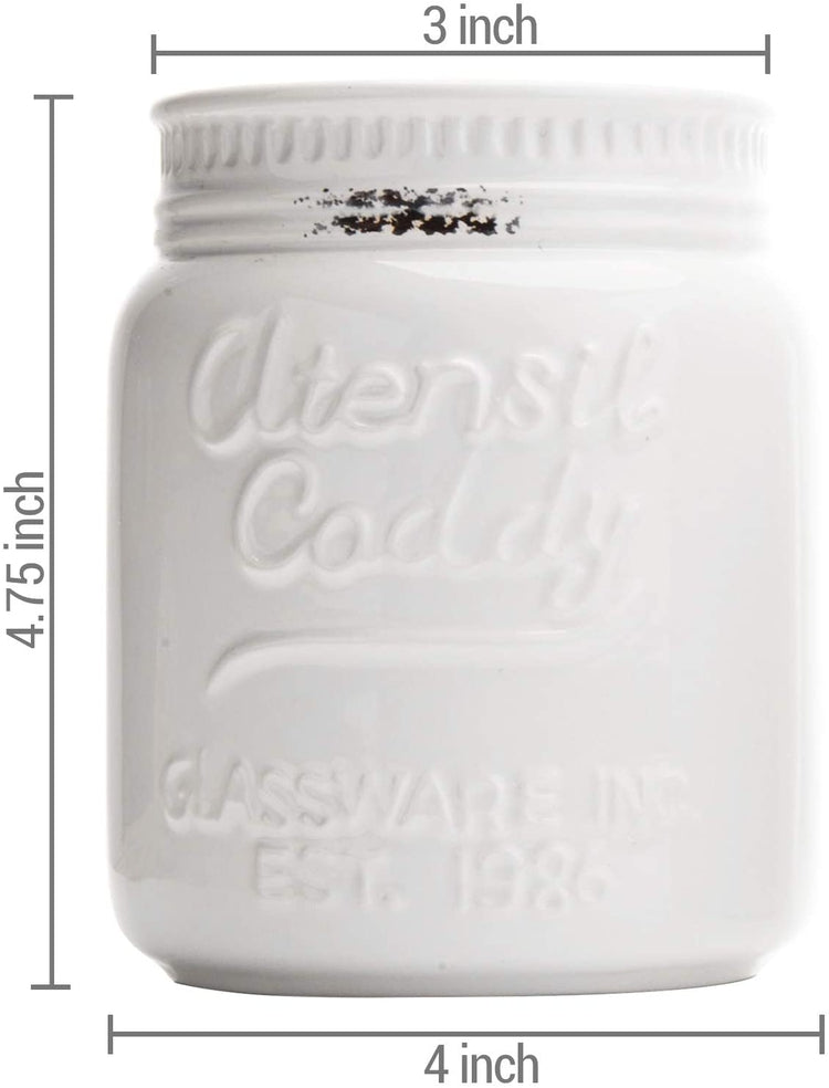 Set of 3 Rustic Farmhouse White Ceramic Mason Jar Kitchen Utensil & Flatware Holders-MyGift
