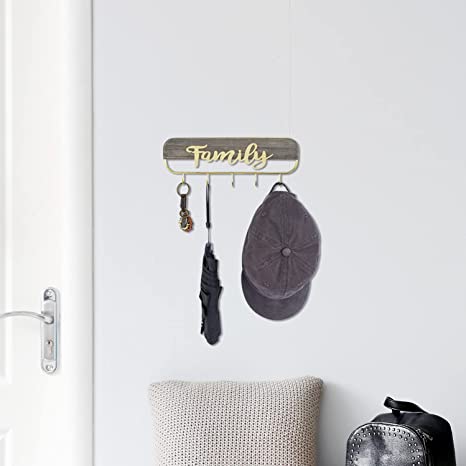 Wall Mounted Key Hooks with Family Word Cutout, Key Holder with Weathered Gray Wood and Brass Tone Metal Wire-MyGift