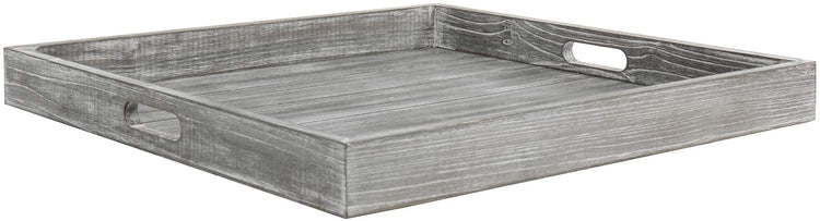 19-inch Large Square Whitewashed Gray Wood Ottoman Tray with Cutout Handles-MyGift