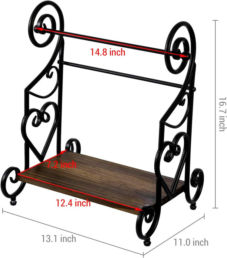 Freestanding Black Metal Heart Scrollwork Paper Towel Holder with Burnt Wood Shelf for Spice Jars and Condiment Bottles-MyGift