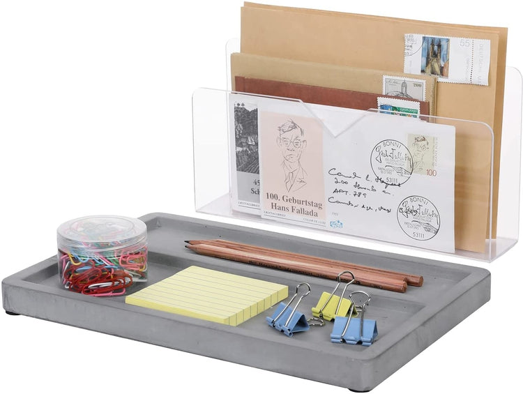 Desk Mail Sorter, Industrial Concrete Gray and Clear Acrylic Stationery Organizer, Letter Holder and Supply Storage Tray-MyGift
