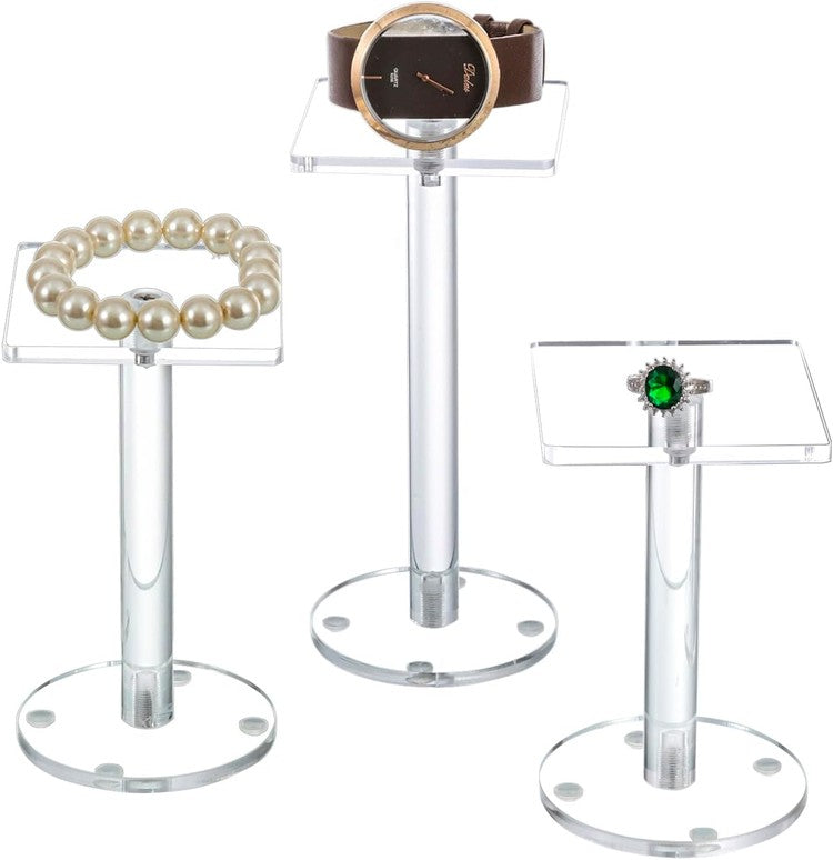 Premium Clear Acrylic Square Top Jewelry Display Risers, Commercial Retail Watch Showcase Stands, 3-Piece Set-MyGift