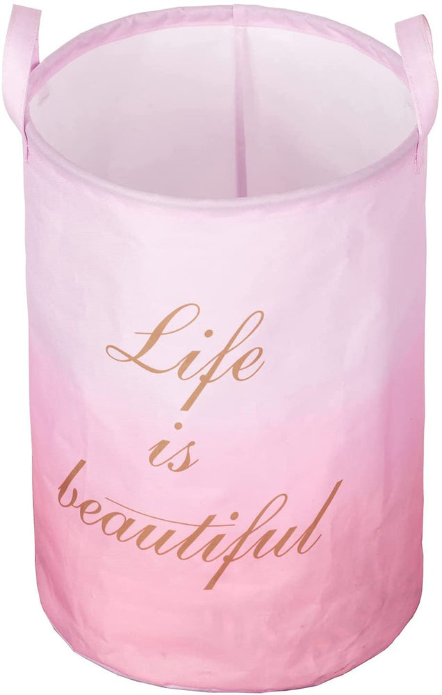 Pink Gradient Laundry Basket Hamper with Carrying Handles and Gold Scripted "Life is Beautiful" Quote-MyGift