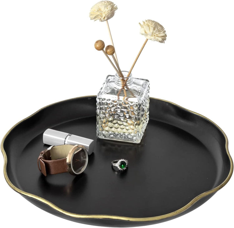 Art Deco Matte Black Metal and Brass Tone Rim Serving Platter with Scalloped Edges, Round Vanity Tray Display-MyGift