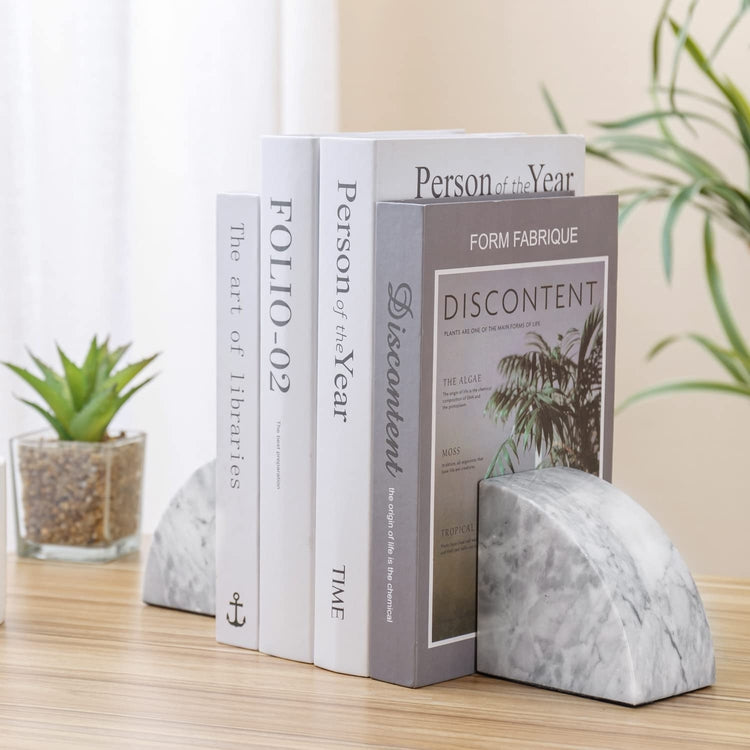 Set of 2, White Marble Bookends, Decorative Heavy Stone Rounded Design Non-Slip Book Stopper Bookends-MyGift
