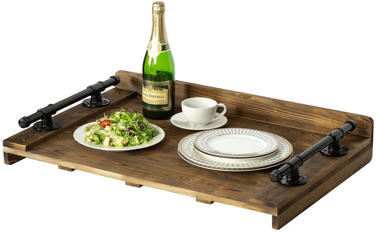 Dark Burnt Wood Stove Top Cover, Jumbo Decorative Farmhouse Serving Tray with Industrial Black Metal Pipe Handles-MyGift