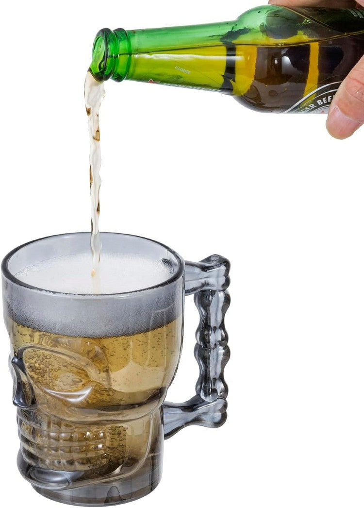 Translucent Smokey Glass Skull Beer Mugs, Halloween Drinking Glasses with Bone Handle, Set of 2-MyGift