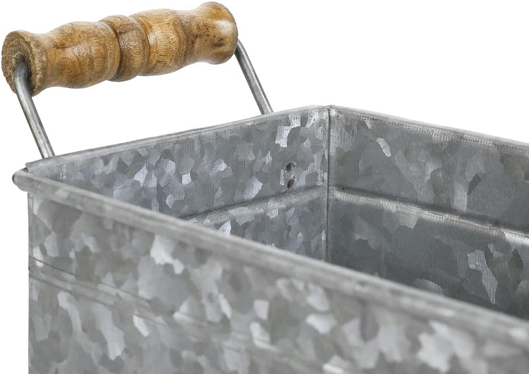 Galvanized Metal Rectangular Storage Basket with Wood Handles, Bathroom Toiletries Holder, Organizer Bin with BATH Label-MyGift