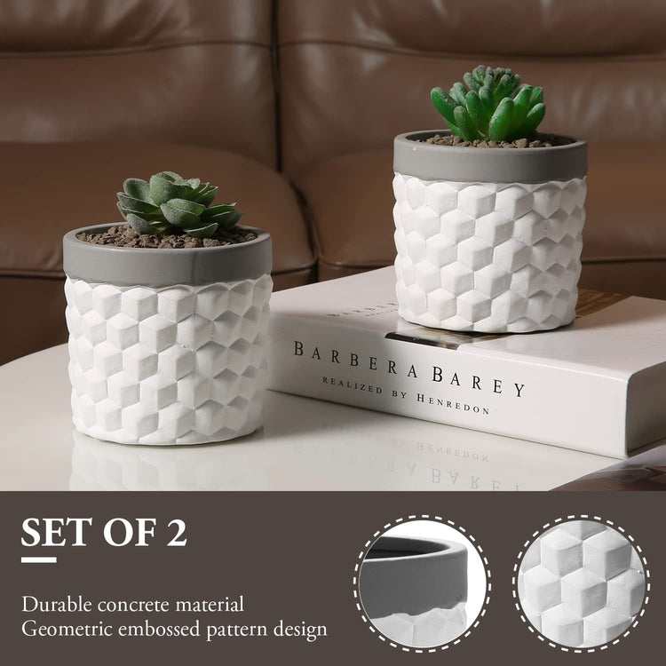 Set of 2, Concrete Planter Flower Pots with White Geometric Embossed Pattern Design and Gray Rim-MyGift