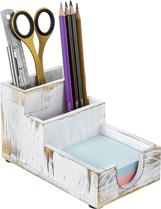 Sticky Note Compartment White Washed Wood Desktop Sticky Note Holder 2 Pen Compartments, Desk ...