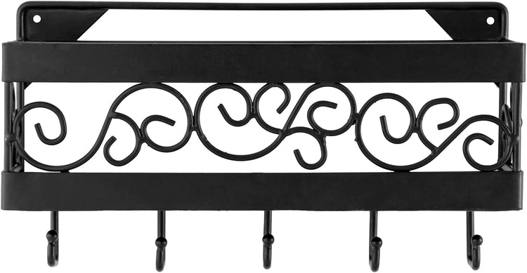 Black Scrollwork Wire Wall Mounted Entryway Mail Rack with Key Hooks-MyGift