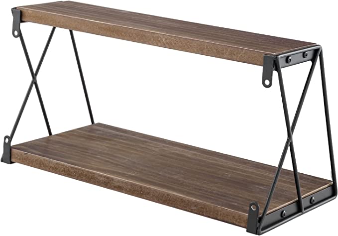 Wall Mounted 2 Tier Burnt Wood Floating Display Shelf with Matte Black Metal Wire Side Brackets-MyGift