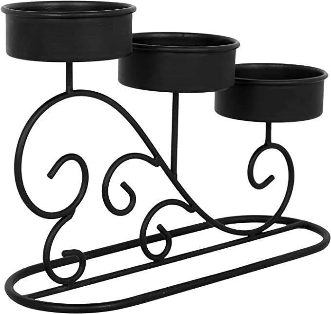 Tabletop Tiered Candelabra, Matte Black Metal Pillar Candle Holder with Vintage Scrollwork Design-MyGift