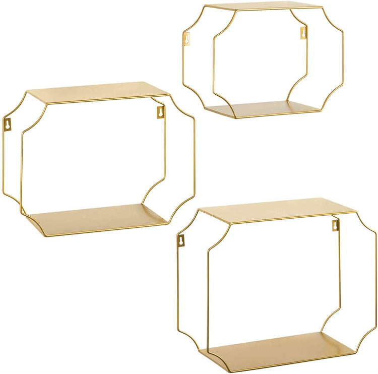Set of 3 Metal Floating Wall Shelves with Vintage Brass Tone Wire Framing-MyGift