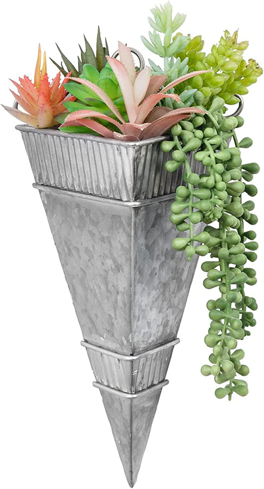 Galvanized Metal Triangular Sconce Wall Vase w/ Corrugated Bands & Scrollwork Design-MyGift