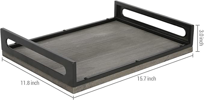 16 x 12 Inch Serving Tray with Handles, Black Metal and Vintage Gray Decorative Ottoman Tray-MyGift