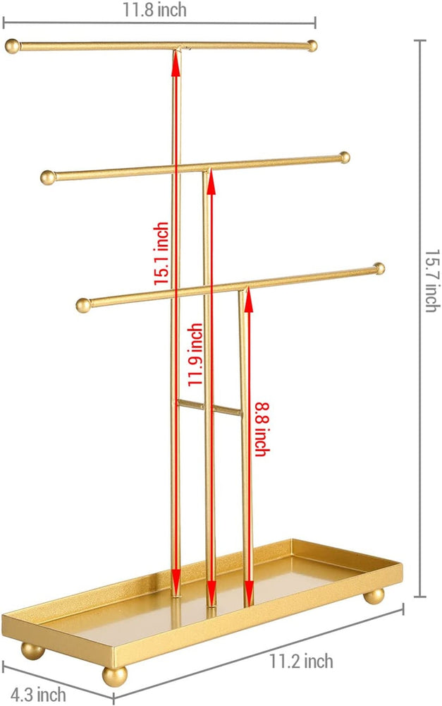 Tiered Brass Tone Metal Tabletop Jewelry Tower, Necklace Hanger, Earring Organizer Rack with Ring Dish Tray-MyGift