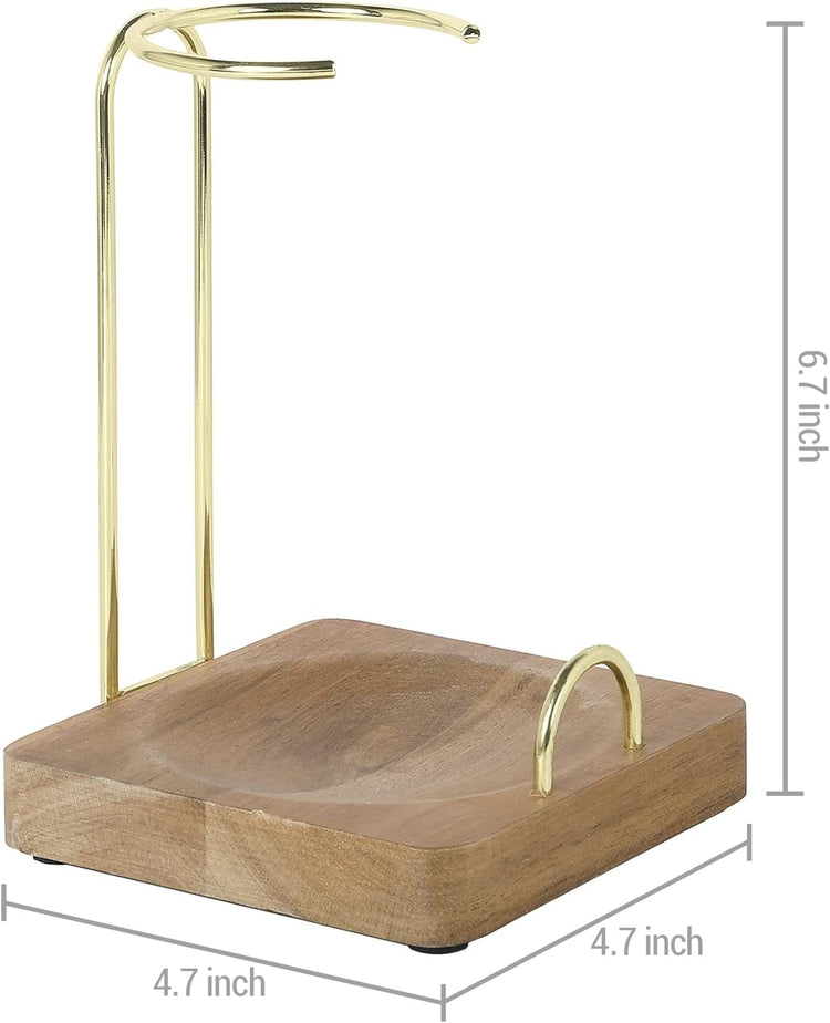 Upright Spoon Rest, Acacia Wood and Brass Tone Metal Wire Vertical Standing Ladle Holder-MyGift