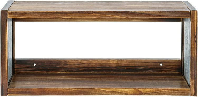 Farmhouse Style Burnt Brown Wood Floating Shelves with Corrugated Galvanized Metal Side Panels-MyGift
