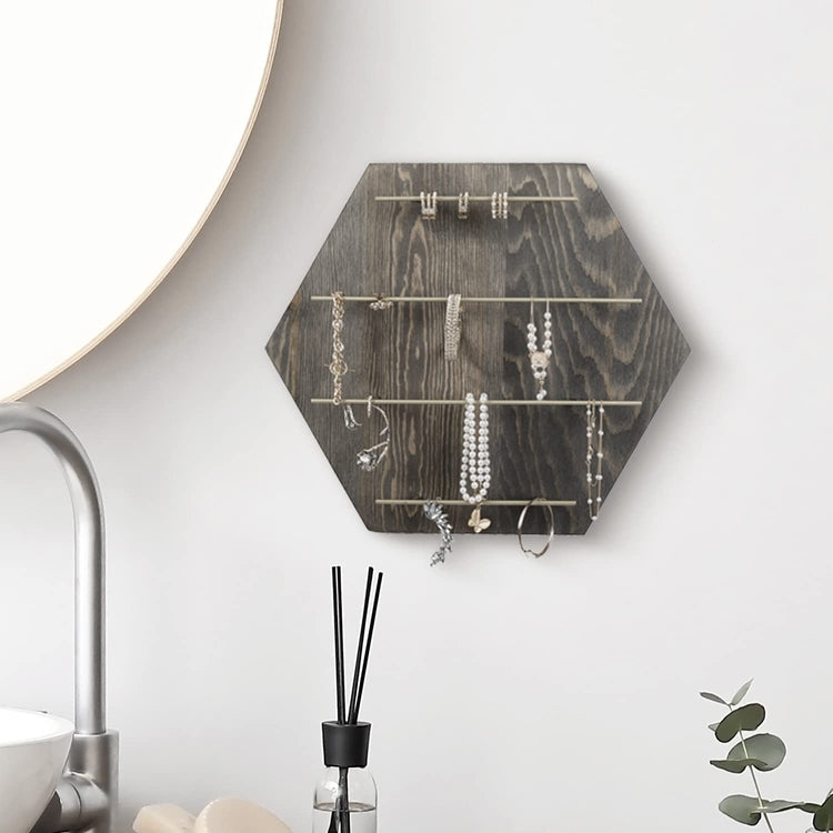 Handchime Racks Gray Wood and Brass Tone Metal Hexagonal Jewelry Hanger Rack, Tiered W ...