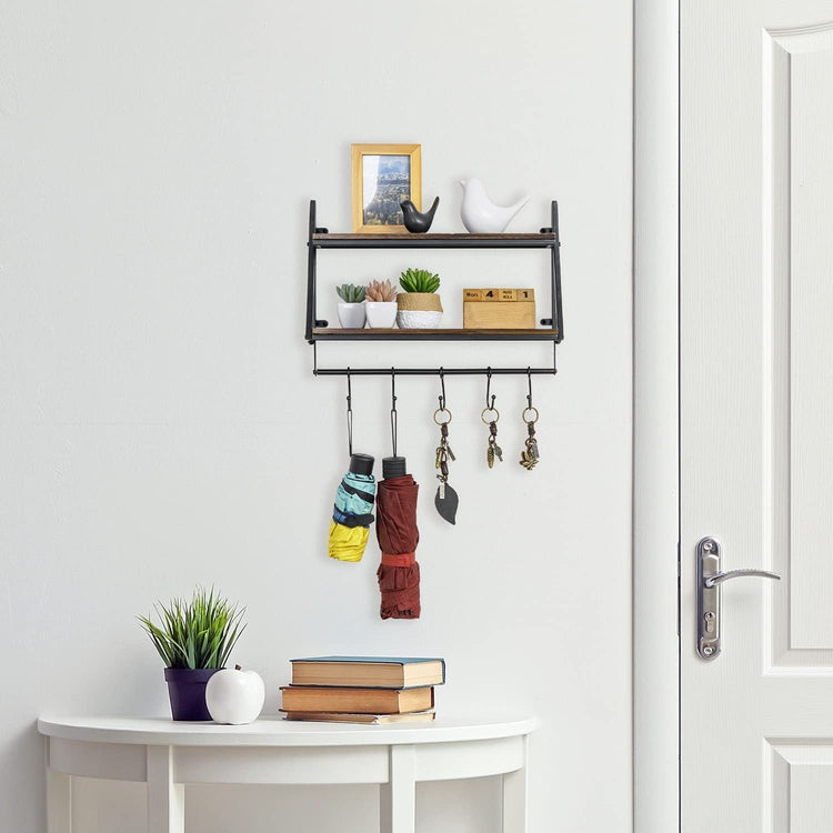 Floating Shelves with Industrial Metal and Burnt Wood, Wall Mounted 2-Tier Display Shelf with 5 Hooks-MyGift